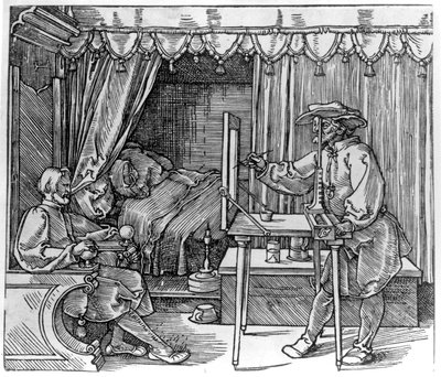 Un disegnatore che prende dettagli per un ritratto, usando un apparato prospettico per disegnare su vetro, da 